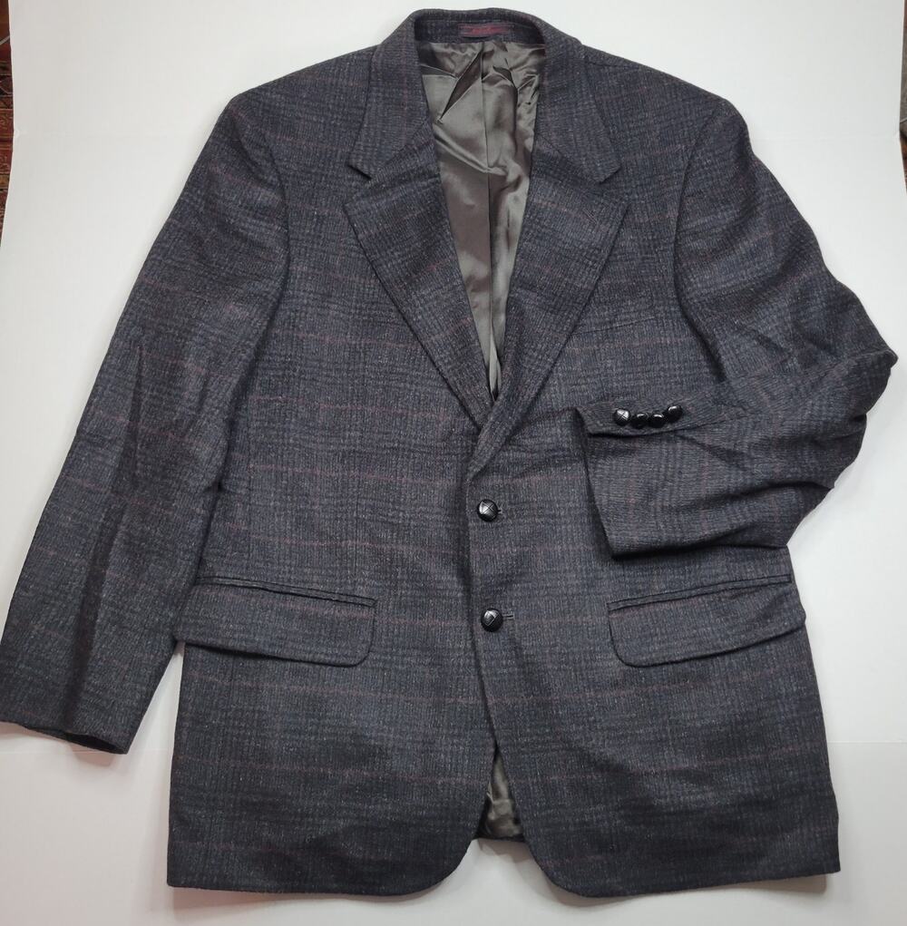 Stuart Hughes Camel Hair Gray Plaid Blazer Leather Ball 2 Buttons 42R SingleVent